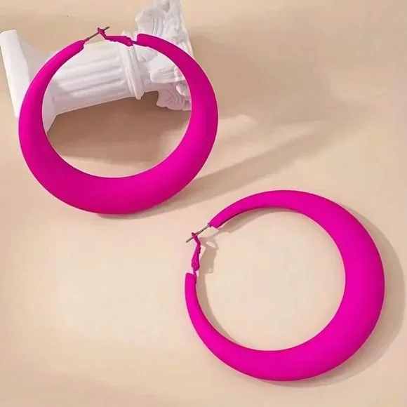Hot Pink Hoop Earrings Retro Vocation Style Alloy - Picture 2 of 3